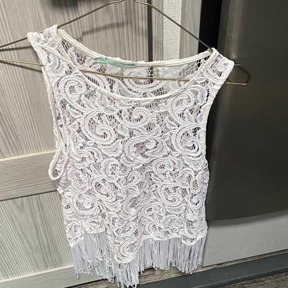 Maurices White Lace Sleeveless Fringe Blouse